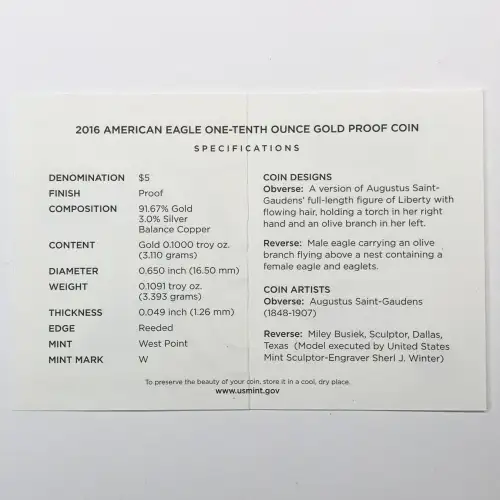 2016-W Proof 1/10 oz $5 Gold Eagle w US Mint OGP - Box & COA (4)