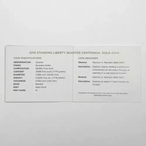2016-W Standing Liberty Quarter Centennial 1/4 oz Gold Coin w OGP - Box & COA