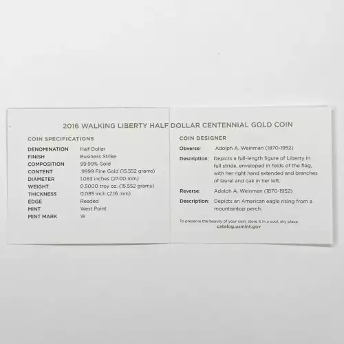 2016-W Walking Liberty Half Dollar Centennial 1/2 oz Gold Coin w OGP - Box & COA