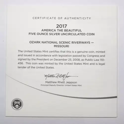 2017-P Ozark Riverways ATB 5 oz Silver Uncirculated Coin w US Mint OGP Box & COA (2)
