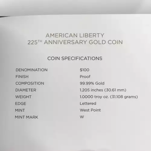 2017-W American Liberty 225th Anniversary 1 oz Proof $100 Gold Coin  US Mint OGP