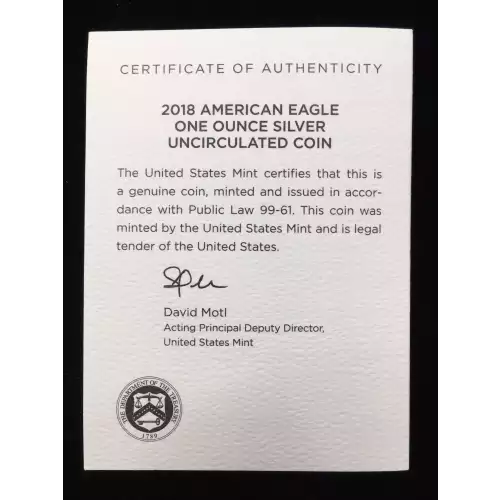 2018-W Burnished Uncirculated Silver Eagle w OGP - Box & COA