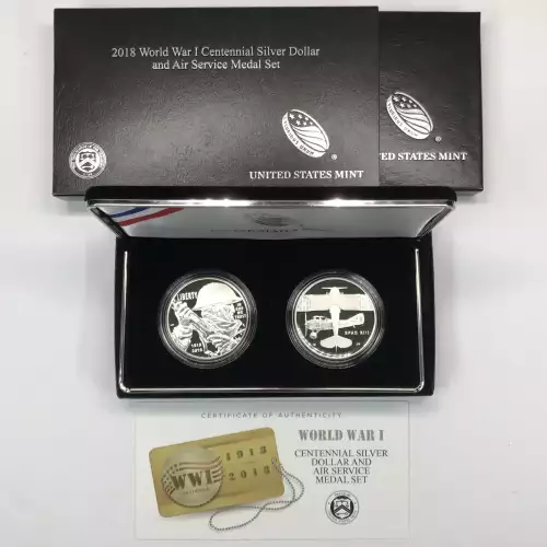 2018 World War I Centennial Silver Dollar & Air Service Medal Set w US Mint OGP