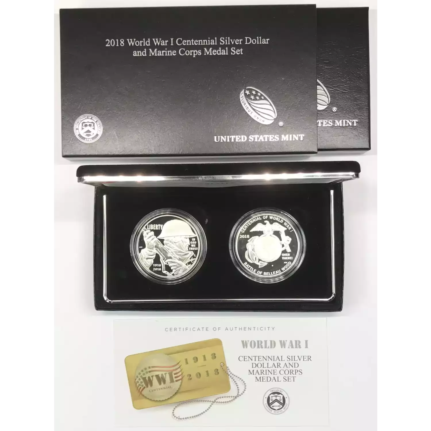 2018 World War I Centennial Silver Dollar & Marine Corps Medal Set w US Mint OGP (3)
