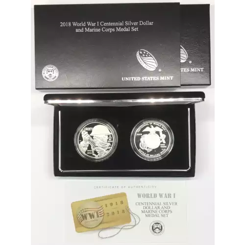 2018 World War I Centennial Silver Dollar & Marine Corps Medal Set w US Mint OGP (3)