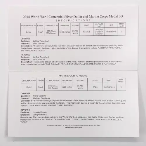 2018 World War I Centennial Silver Dollar & Marine Corps Medal Set w US Mint OGP (6)