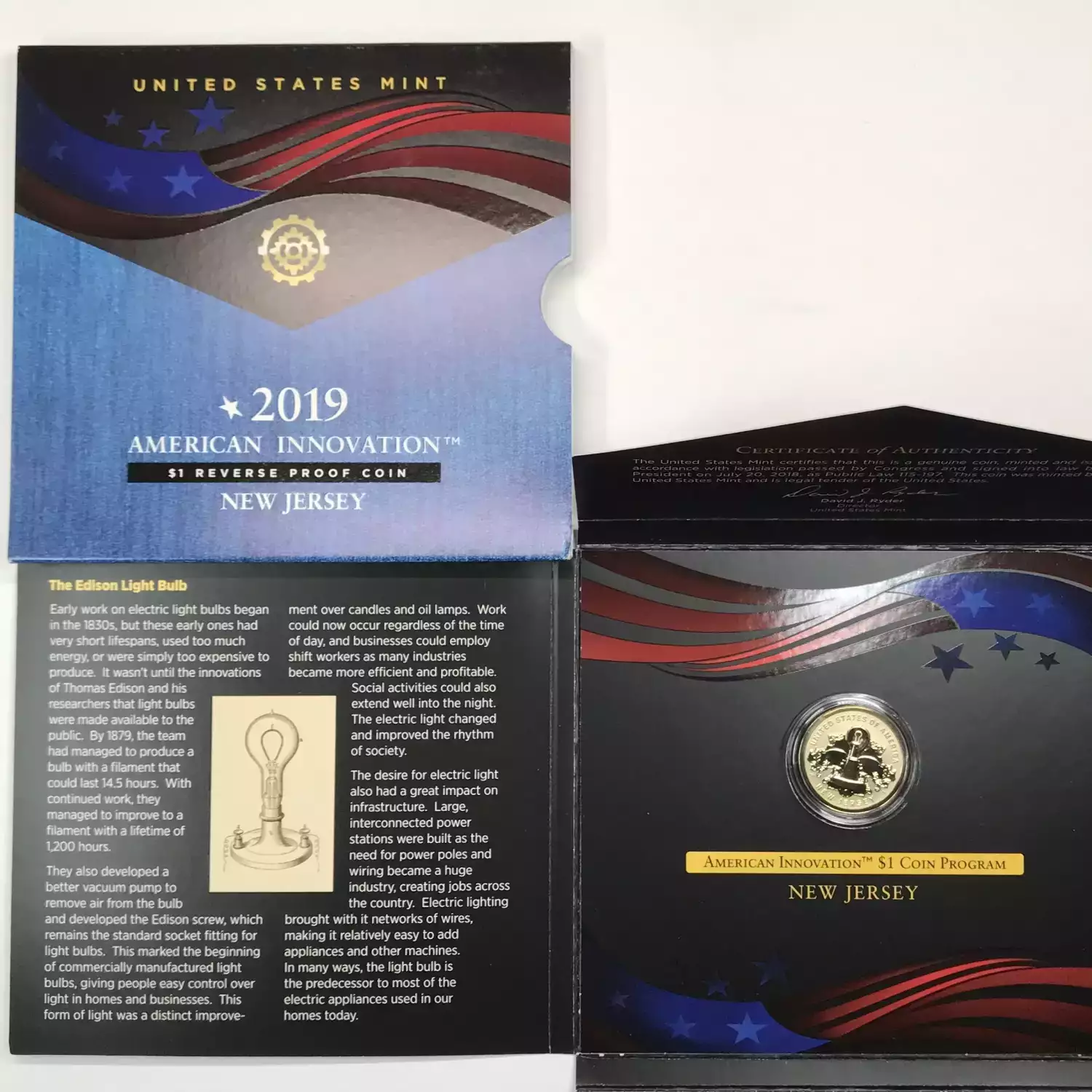 2019-S New Jersey American Innovation Dollar Reverse Proof Coin w US Mint OGP