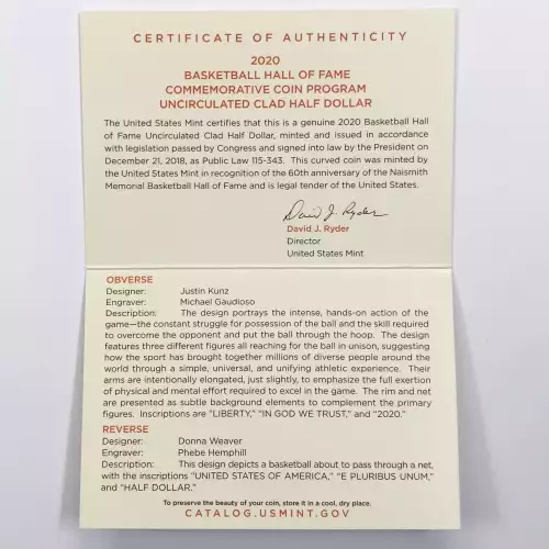 2020-D Basketball Hall of Fame Uncirculated Clad Half Dollar US Mint OGP Box COA (5)