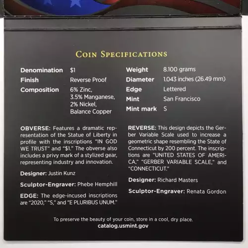 2020-S Connecticut American Innovation Dollar Reverse Proof Coin w US Mint OGP