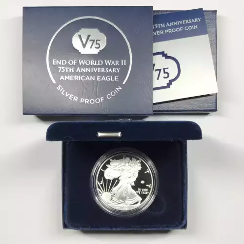 2020-W End of WWII 75th Anniversary V75 Privy Proof Silver Eagle w OGP Box & COA