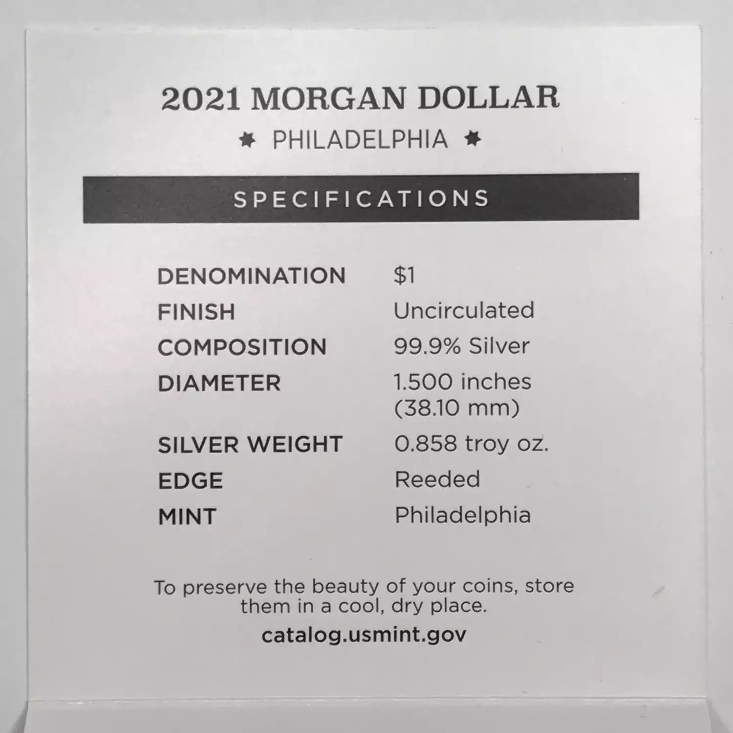 2021-P Morgan Dollar w US Mint OGP - Box & COA 