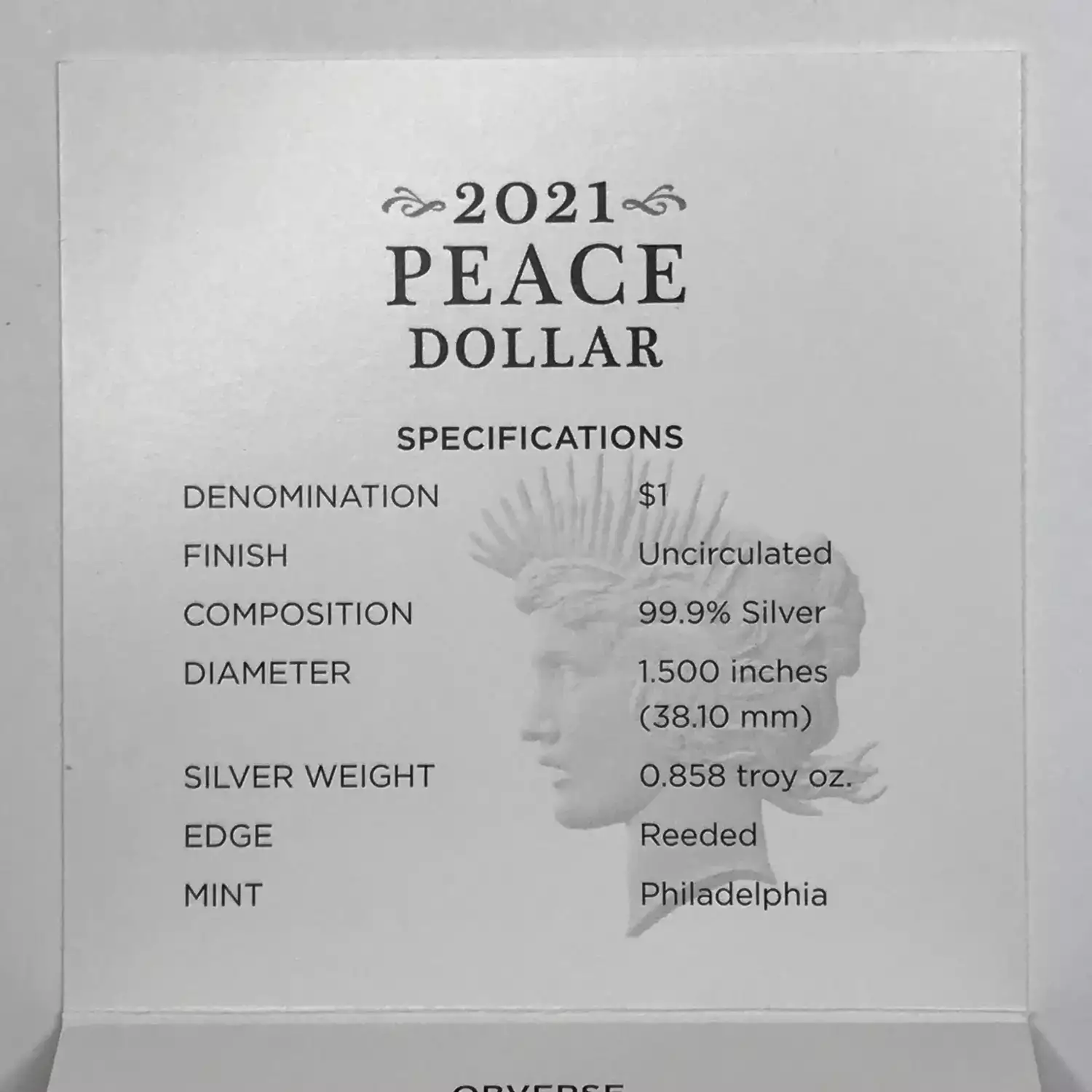 2021 Peace Dollar w US Mint OGP - Box & COA