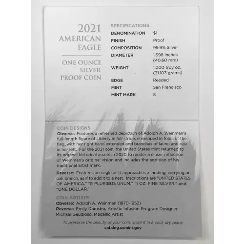 2021-S Type 2 (Eagle Landing) Proof Silver Eagle w OGP - Box & COA