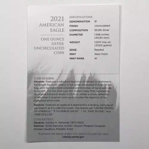 2021-W Burnished Uncirculated Silver Eagle w OGP - Box & COA