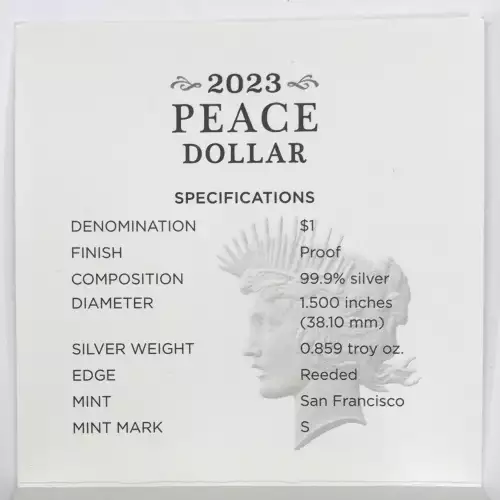 2023-S Proof Peace Silver Dollar w US Mint OGP Box & COA - San Francisco Mint