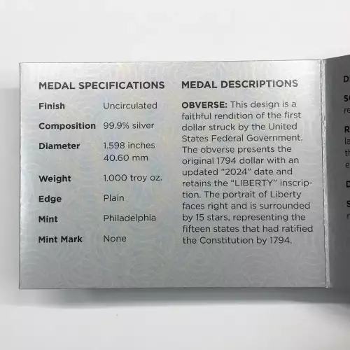 2024 Flowing Hair 1 oz Silver Medal 230th Anniversary w US Mint OGP - Box & COA (3)