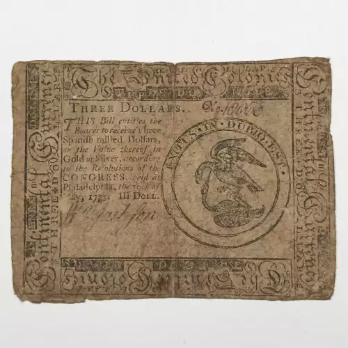 $3 May 10, 1775  CONTINENTAL CURRENCY CC-3