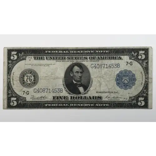 $5 1914 Blue Seal Federal Reserve Notes 871A