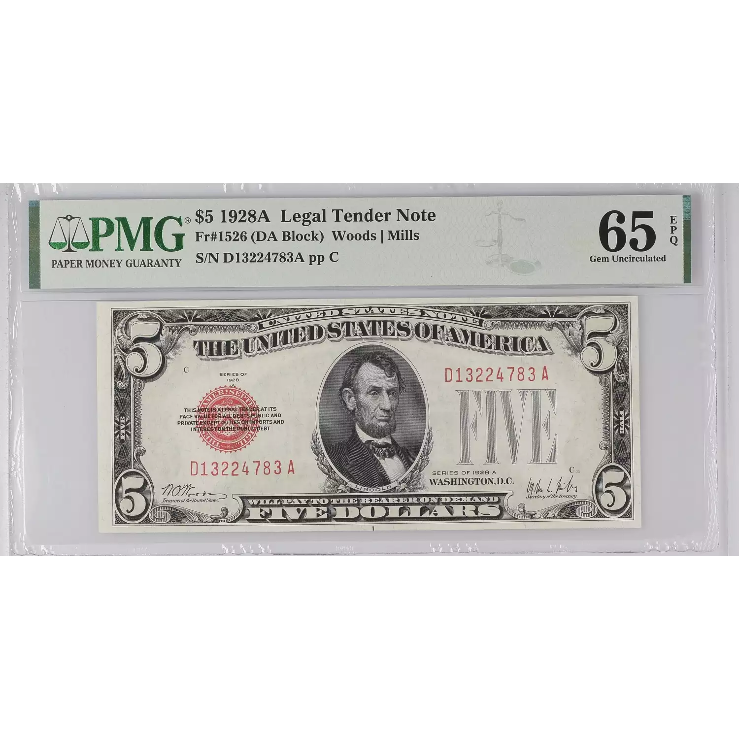 $5 1928-A red seal. Small Legal Tender Notes 1526