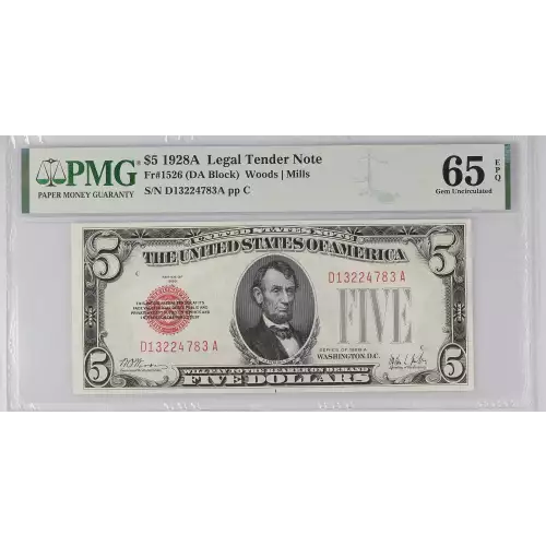 $5 1928-A red seal. Small Legal Tender Notes 1526