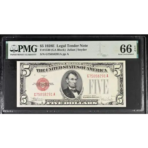 $5 1928-E red seal. Small Legal Tender Notes 1530 (2)