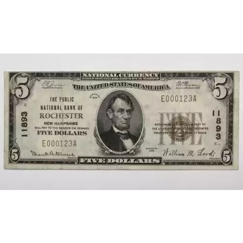 $5 1929 Small brown seal Small National Bank Notes 1800-1