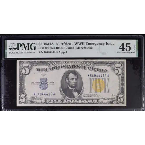 $5 1934-A yellow seal Emergency Notes Issued During WW2 2307