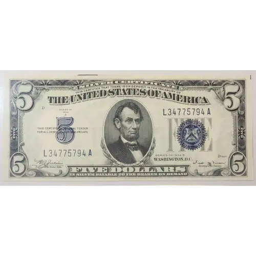 $5 1934-B blue seal. Small Silver Certificates 1652 (2)