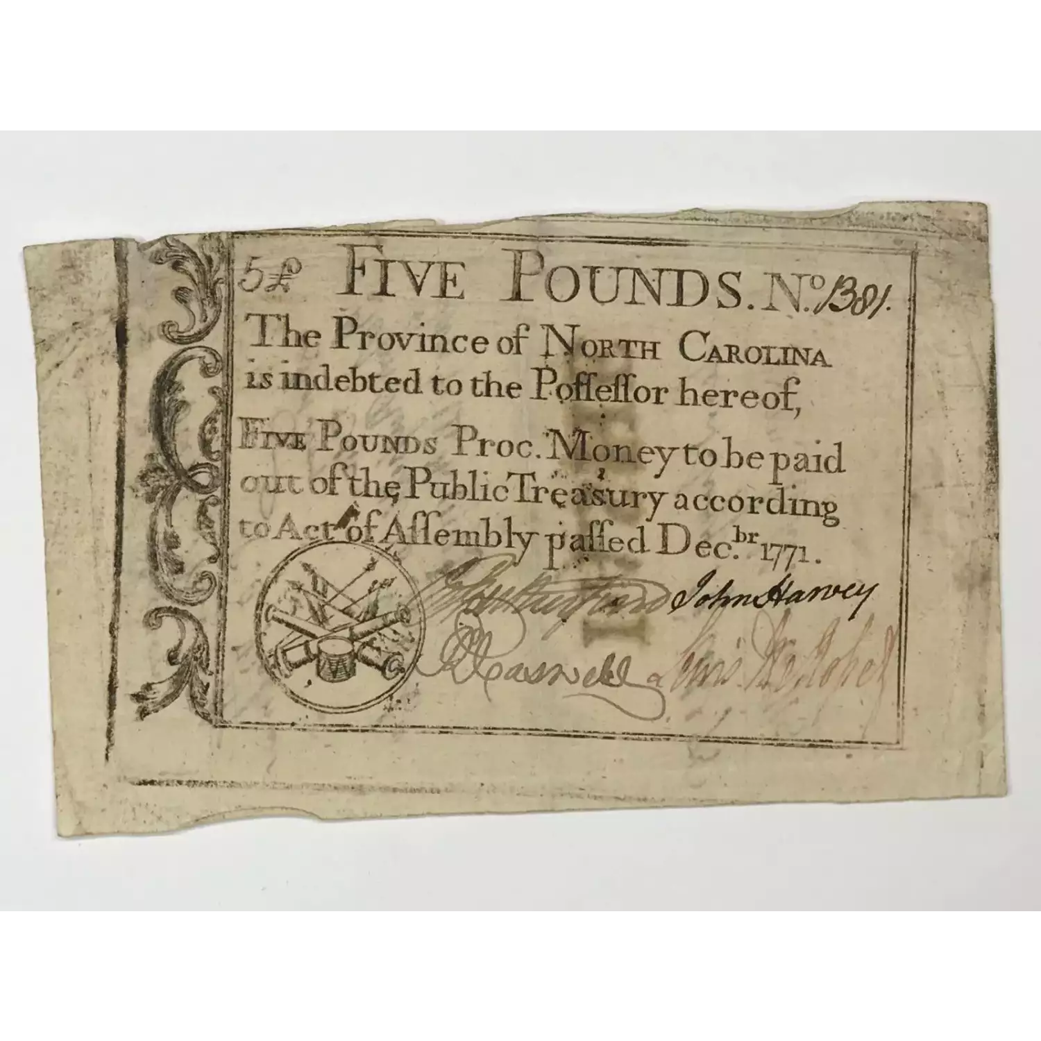 £5 December, 1771  COLONIAL CURRENCY NC-143