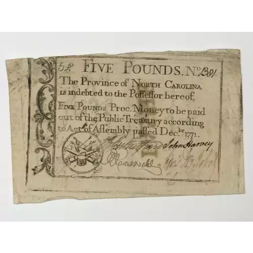 £5 December, 1771  COLONIAL CURRENCY NC-143