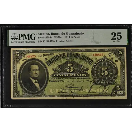 5 Pesos 1900-14, 1913 ISSUE d. Series D. 30.1.1914; E. 20.7.1914. (BK-GUA-8). Mexico S289