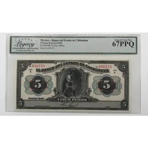 5 Pesos d.1913, DECREE OF 12.12.1913 A. Issued note with 1 signature. Mexico S132