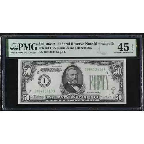 $50 1934-A. blue-Green seal. Small Size $50 Federal Reserve Notes 2103-I