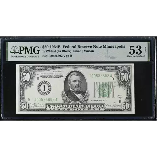 $50 1934-B. blue-Green seal. Small Size $50 Federal Reserve Notes 2104-I