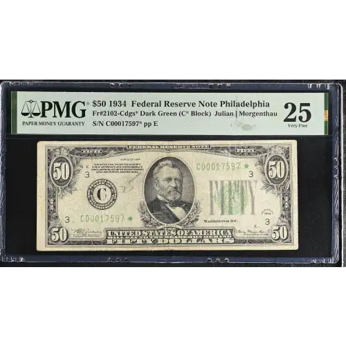 $50 1934 light Green seal. Small Size $50 Federal Reserve Notes 2102-C*