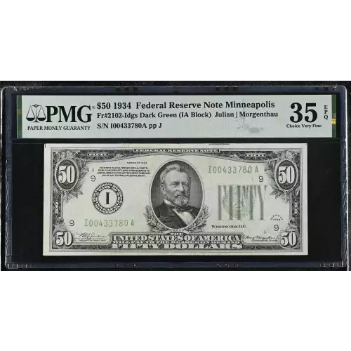 $50 1934 light Green seal. Small Size $50 Federal Reserve Notes 2102-I