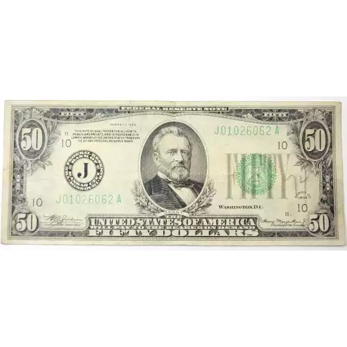 $50 1934 light Green seal. Small Size $50 Federal Reserve Notes 2102-J