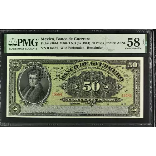 50 Pesos 1906-14, 1906-14 ISSUE d. Series B. 19xx (ca.1914). Perforated: AMORTIZADO. (BK-GUE-14). Mexico S301