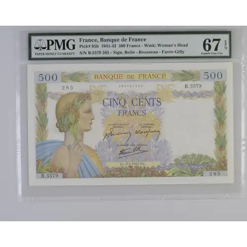 500 Francs 1940-1945, 1939-1940 Issue b. Signature J. Belin, P. Rousseau and R. Favre- Gilly. 6.2.1941-25.2.1943 France 95 (2)