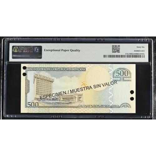 500 Nouveaux Francs 2002; 2003; 2004, 2001-2002 Issue s1. 2002. Specimen. Overprint in black: ESPECIMEN / MUESTRA SIN VALOR on both sides. Punch hole cancelled Dominican Republic 172 (3)