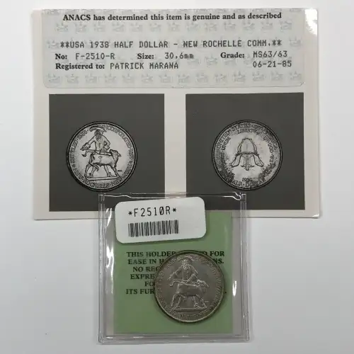 Classic Commemorative Silver--- New Rochelle, New York, 250th Anniversary 1938 -Silver- 0.5 Dollar