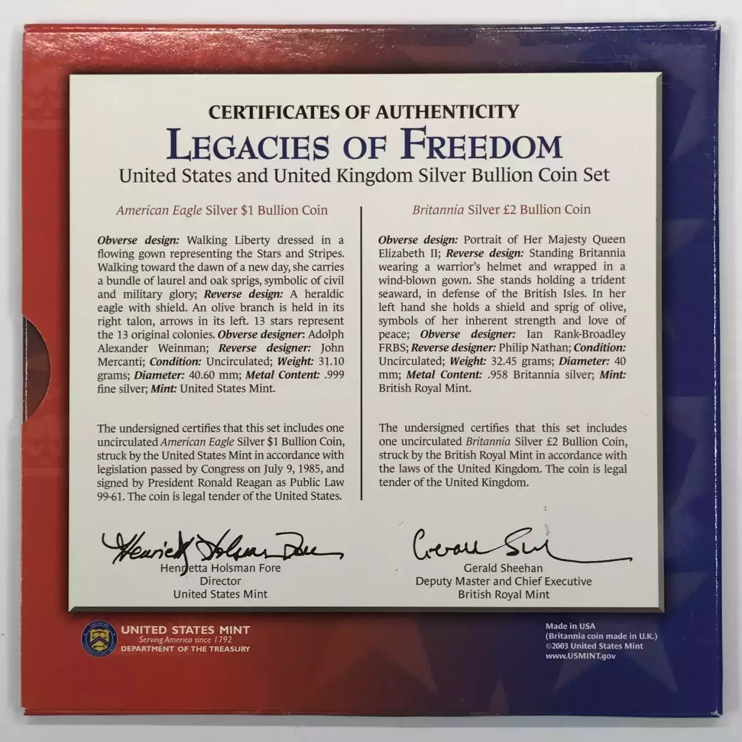 Legacies of Freedom (2003) -Silver- Uncirculated 2003 $1 American Eagle & 2002 silver bullion - Box & COA (2)