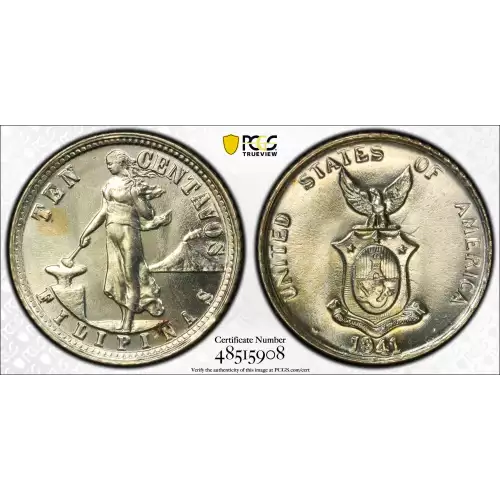 Philippine Issues -Philippines under US Sovereignty-Silver Coinage-Ten Centavos -Silver- 10 Centavos