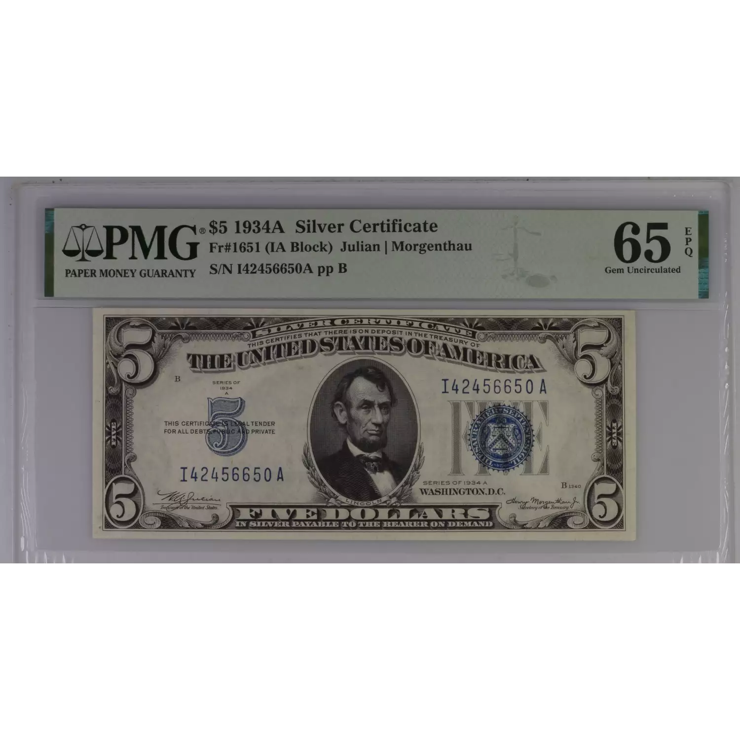 1934A $5 Silver Certificate FR 1651 PMG Gem Uncirculated CU 65 EPQ 1934A $5 Silver Certificate FR 1651 PMG Gem Uncirculated CU 65 EPQ