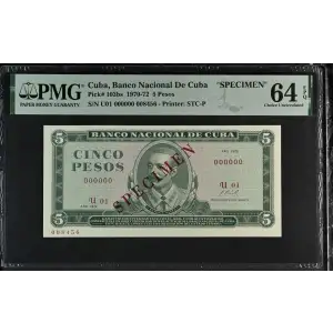 5 Pesos 1967-90, 1967; 1971 Issue s. Specimen. Red overprint: SPECIMEN on face Cuba 103 (2)