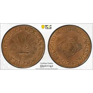 1914 Chihuahua Mexico Revolutionary Copper 5 Centavos PCGS MS-63 BN
