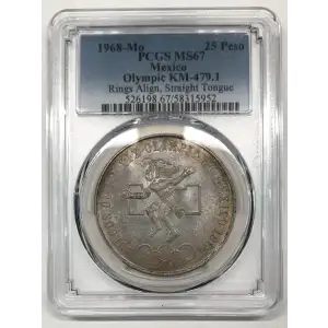 1968-Mo 25 Peso Olympic KM-479.1 Rings Align, Straight Tongue (2)
