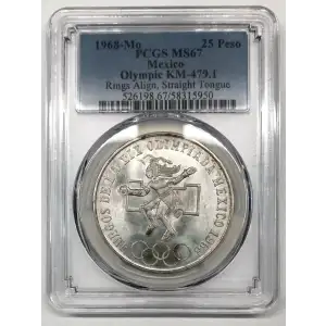 1968-Mo 25 Peso Olympic KM-479.1 Rings Align, Straight Tongue
