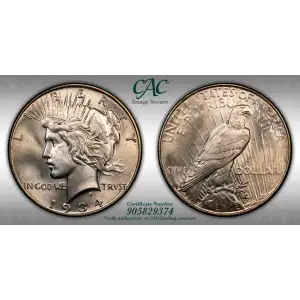 1934 P Peace Silver Dollar CACG MS 65