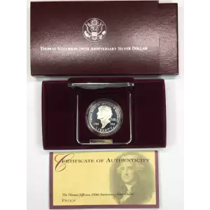 1993-S Thomas Jefferson 250th Anniversary Proof Silver Dollar US Mint Box & COA